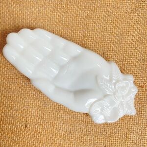 Avon white milk glass hand with flowers trinket dish or decor vintage signed